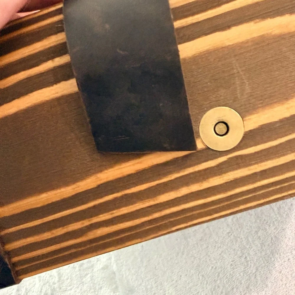 Handmade Wooden Valet Box with Leather Strap and Integrated Rolling Tray Lid